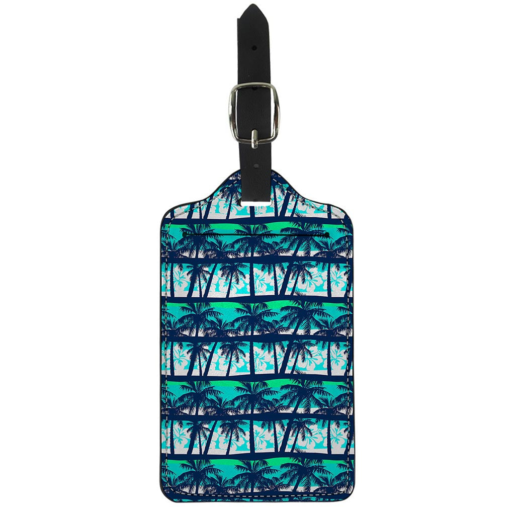 Blue Hibiscus Palm Tree Pattern Print Luggage Tag