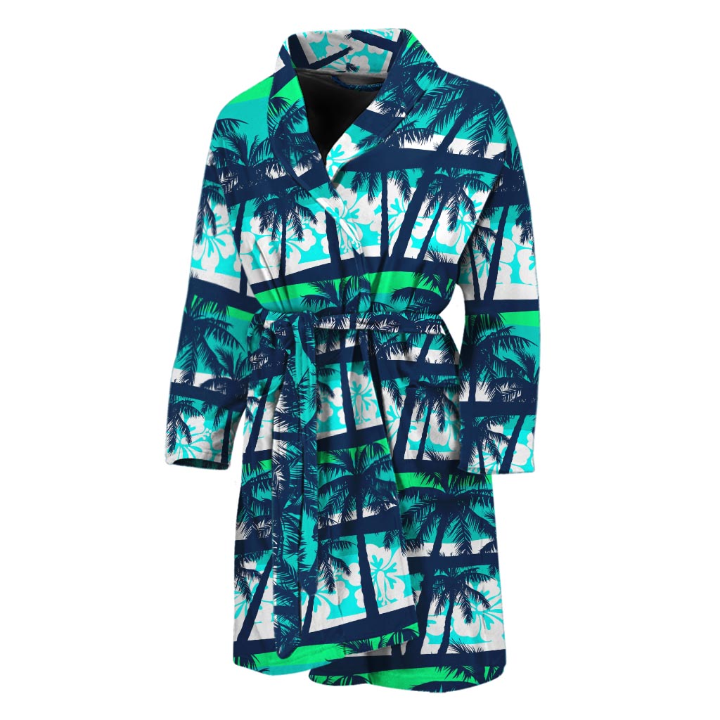 Blue Hibiscus Palm Tree Pattern Print Men's Bathrobe