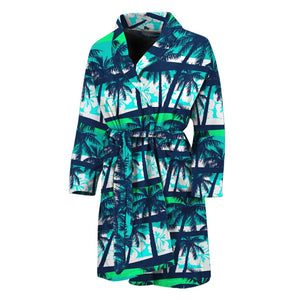 Blue Hibiscus Palm Tree Pattern Print Men's Bathrobe