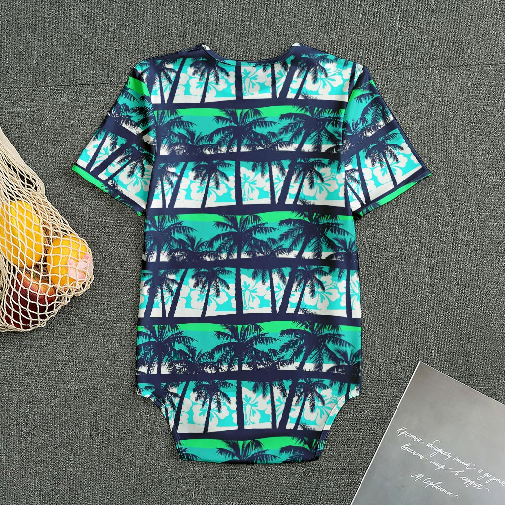 Blue Hibiscus Palm Tree Pattern Print Men's Bodysuit
