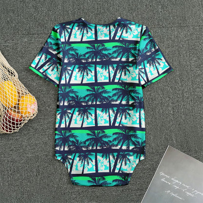 Blue Hibiscus Palm Tree Pattern Print Men's Bodysuit