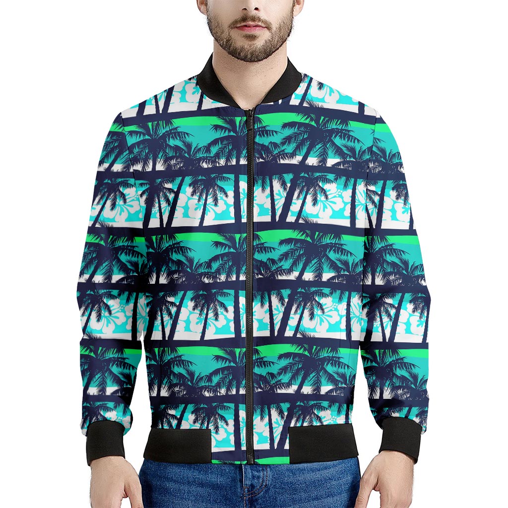 Blue Hibiscus Palm Tree Pattern Print Men's Bomber Jacket