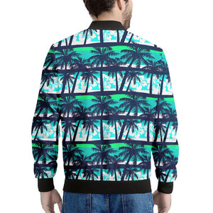 Blue Hibiscus Palm Tree Pattern Print Men's Bomber Jacket