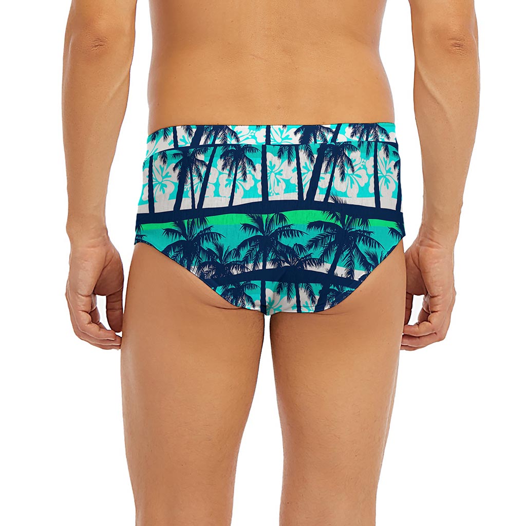 Blue Hibiscus Palm Tree Pattern Print Men's Briefs