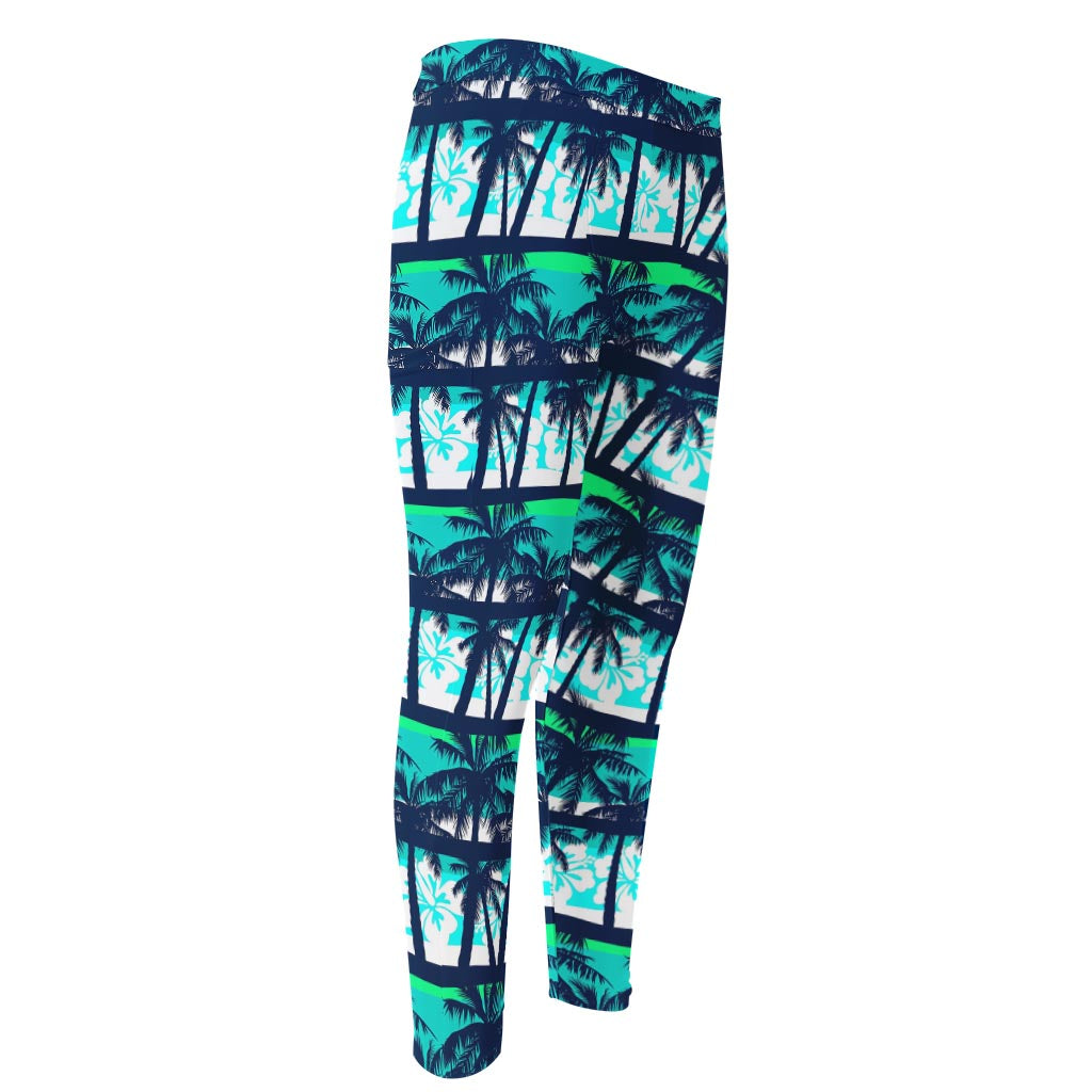 Blue Hibiscus Palm Tree Pattern Print Men's Compression Pants