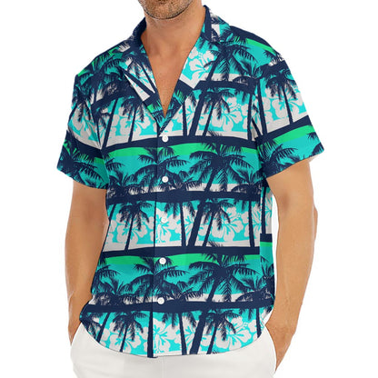 Blue Hibiscus Palm Tree Pattern Print Men's Deep V-Neck Shirt