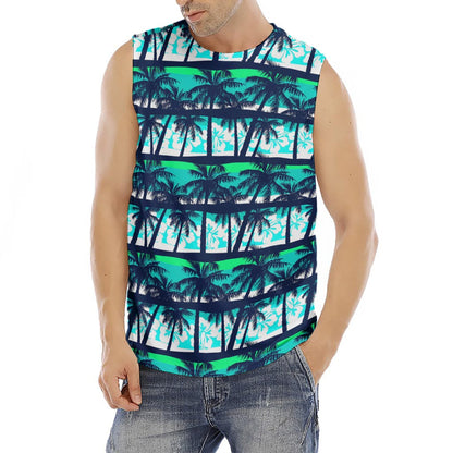 Blue Hibiscus Palm Tree Pattern Print Men's Fitness Tank Top
