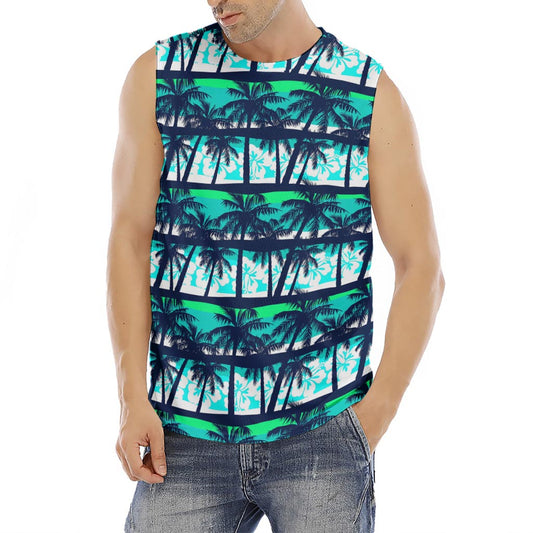 Blue Hibiscus Palm Tree Pattern Print Men's Fitness Tank Top