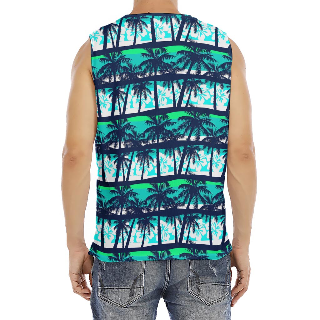 Blue Hibiscus Palm Tree Pattern Print Men's Fitness Tank Top