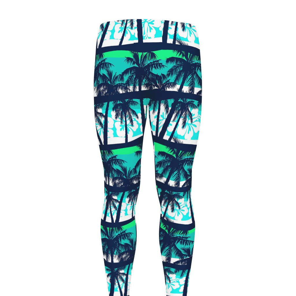 Blue Hibiscus Palm Tree Pattern Print Men's leggings