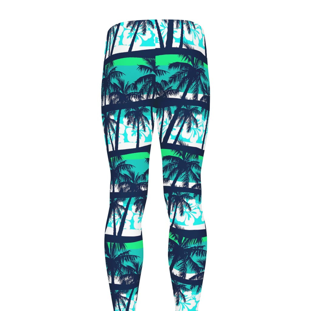 Blue Hibiscus Palm Tree Pattern Print Men's leggings