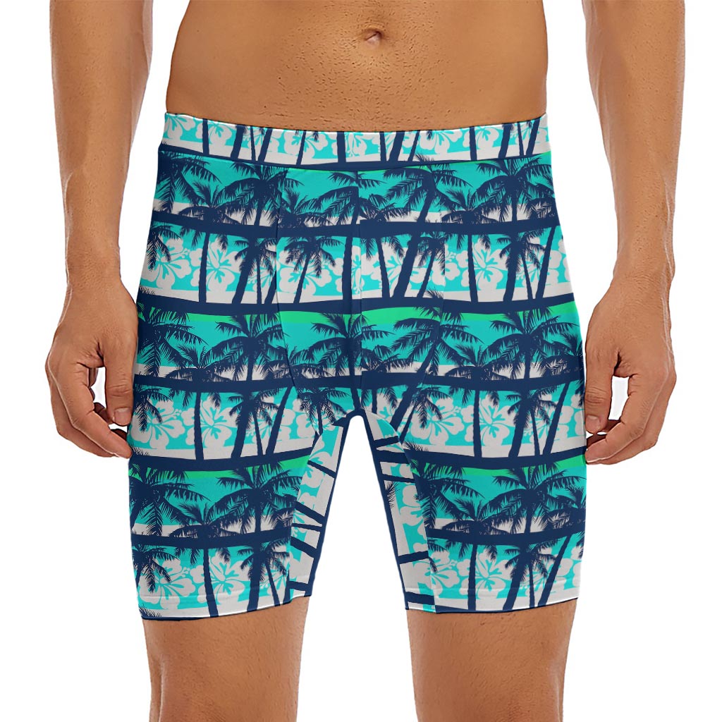 Blue Hibiscus Palm Tree Pattern Print Men's Long Boxer Briefs