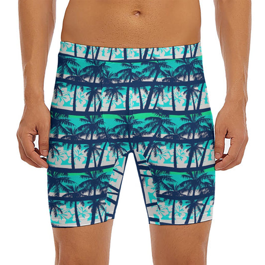 Blue Hibiscus Palm Tree Pattern Print Men's Long Boxer Briefs