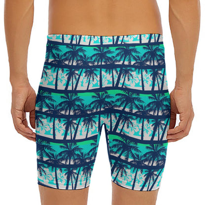 Blue Hibiscus Palm Tree Pattern Print Men's Long Boxer Briefs
