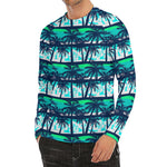 Blue Hibiscus Palm Tree Pattern Print Men's Long Sleeve Rash Guard