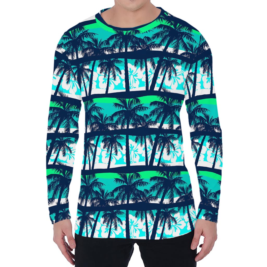 Blue Hibiscus Palm Tree Pattern Print Men's Long Sleeve T-Shirt