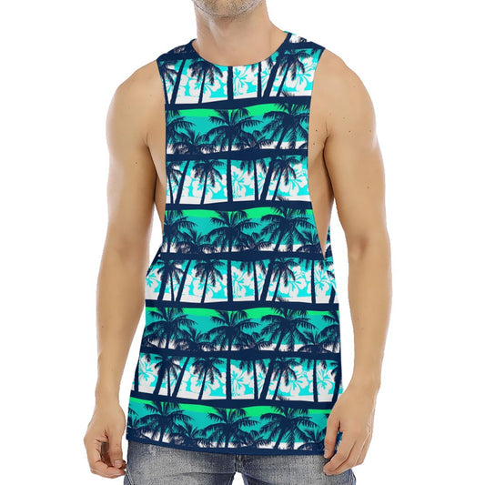 Blue Hibiscus Palm Tree Pattern Print Men's Muscle Tank Top
