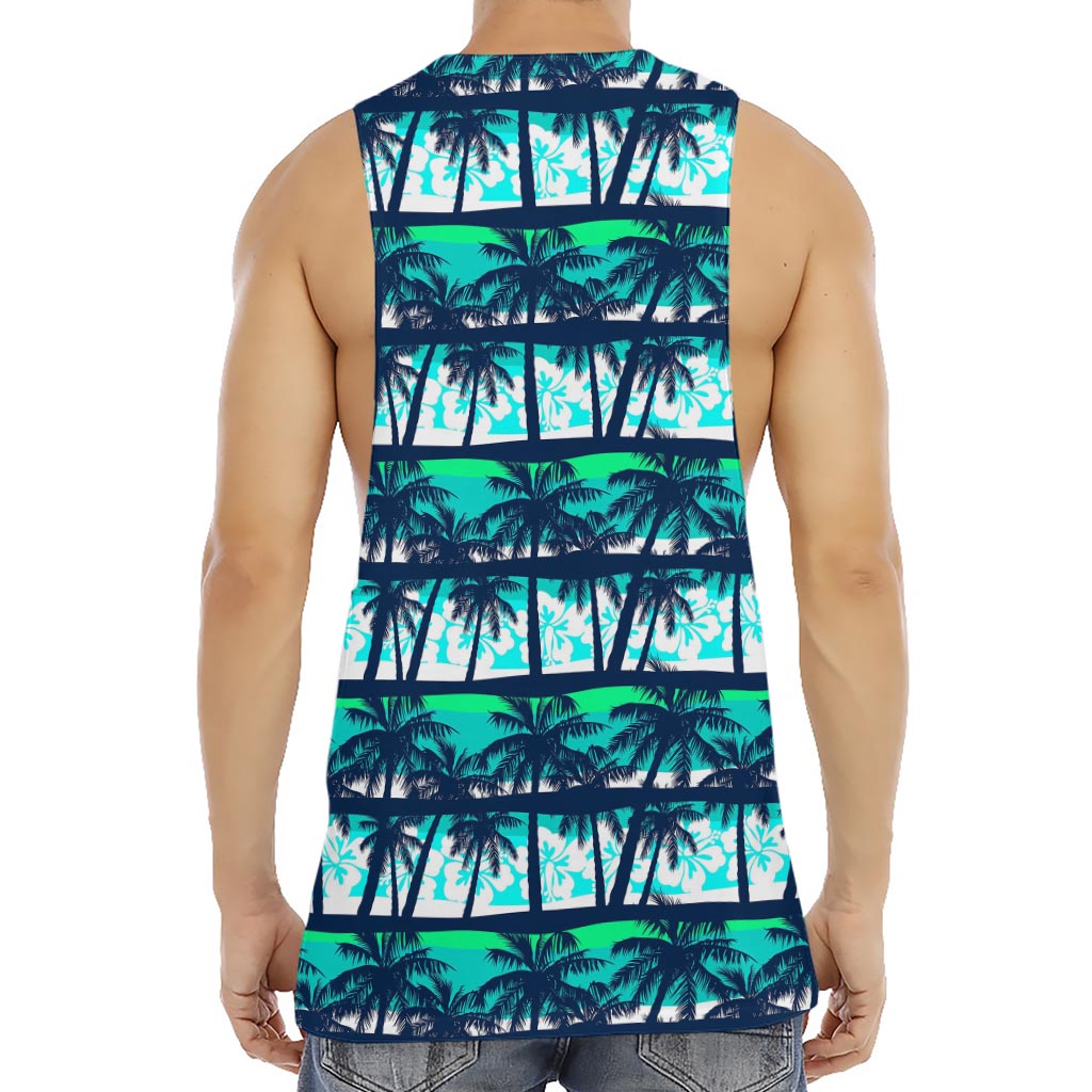 Blue Hibiscus Palm Tree Pattern Print Men's Muscle Tank Top