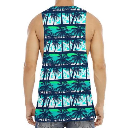 Blue Hibiscus Palm Tree Pattern Print Men's Muscle Tank Top