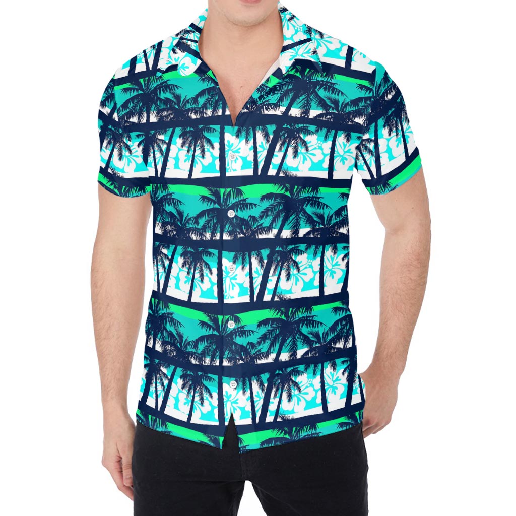 Blue Hibiscus Palm Tree Pattern Print Men's Shirt