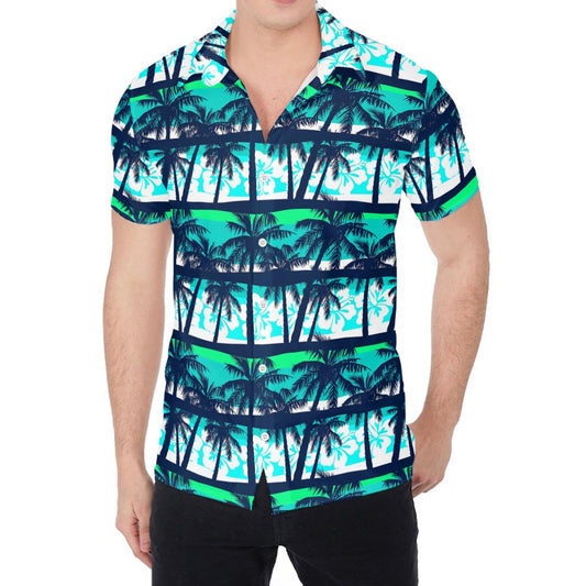 Blue Hibiscus Palm Tree Pattern Print Men's Shirt