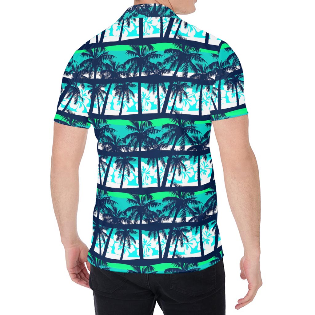 Blue Hibiscus Palm Tree Pattern Print Men's Shirt