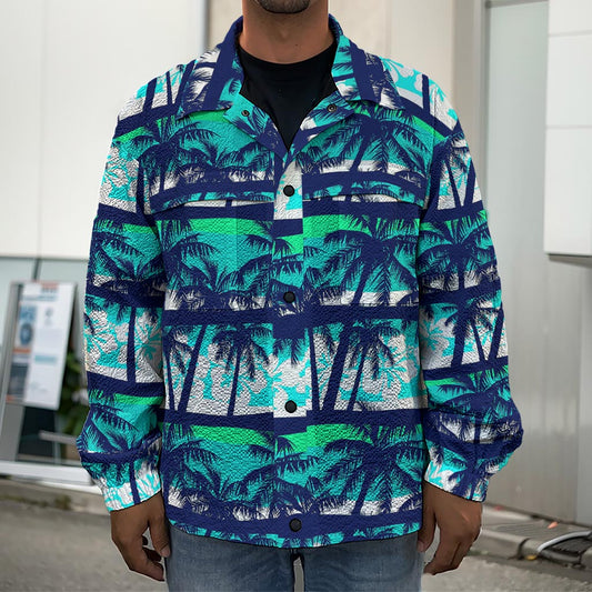 Blue Hibiscus Palm Tree Pattern Print Men's Shirt Jacket