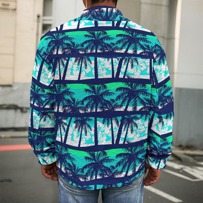 Blue Hibiscus Palm Tree Pattern Print Men's Shirt Jacket