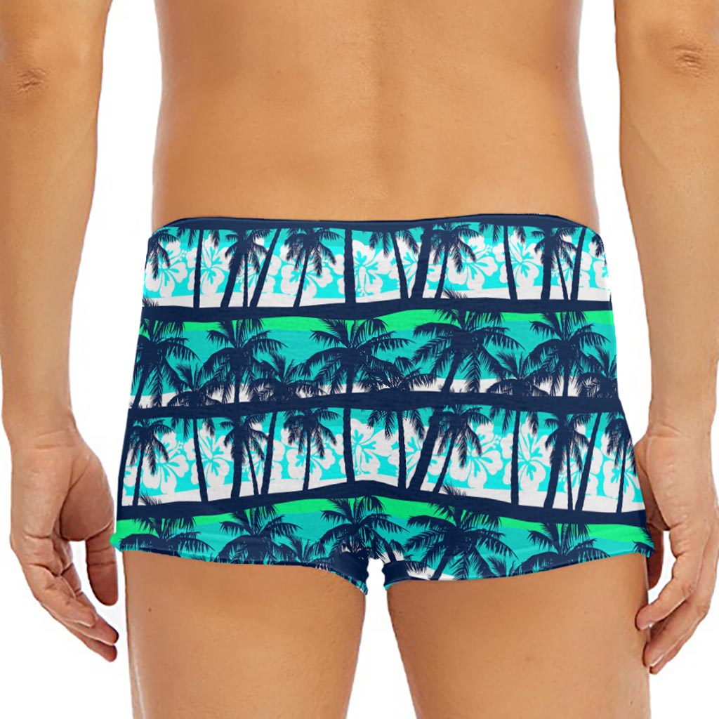 Blue Hibiscus Palm Tree Pattern Print Men's Short Boxer Briefs