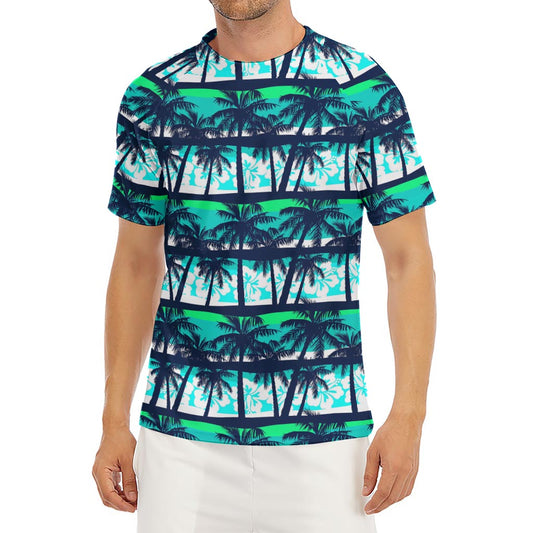 Blue Hibiscus Palm Tree Pattern Print Men's Short Sleeve Rash Guard