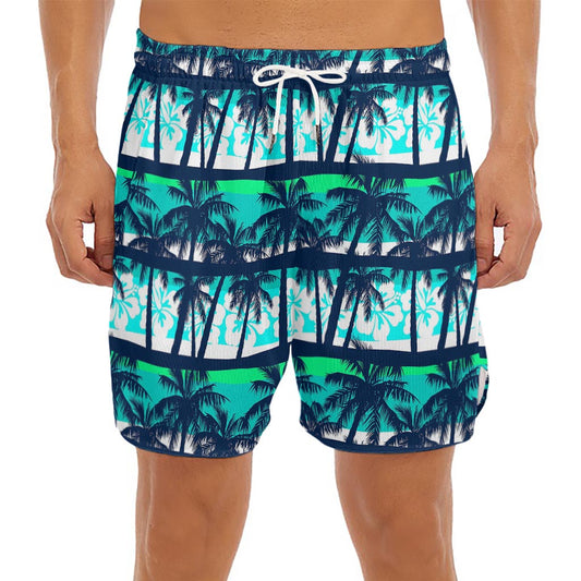 Blue Hibiscus Palm Tree Pattern Print Men's Split Running Shorts