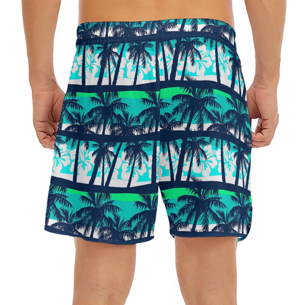 Blue Hibiscus Palm Tree Pattern Print Men's Split Running Shorts