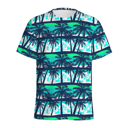 Blue Hibiscus Palm Tree Pattern Print Men's Sports T-Shirt