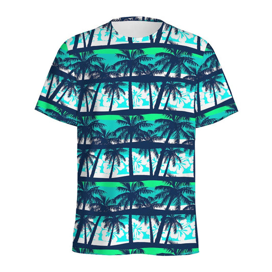 Blue Hibiscus Palm Tree Pattern Print Men's Sports T-Shirt