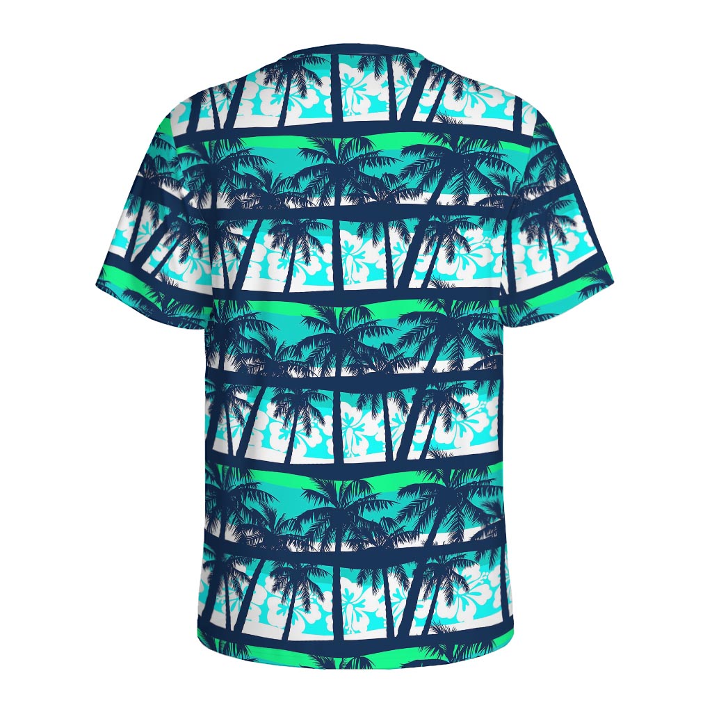 Blue Hibiscus Palm Tree Pattern Print Men's Sports T-Shirt