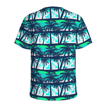 Blue Hibiscus Palm Tree Pattern Print Men's Sports T-Shirt