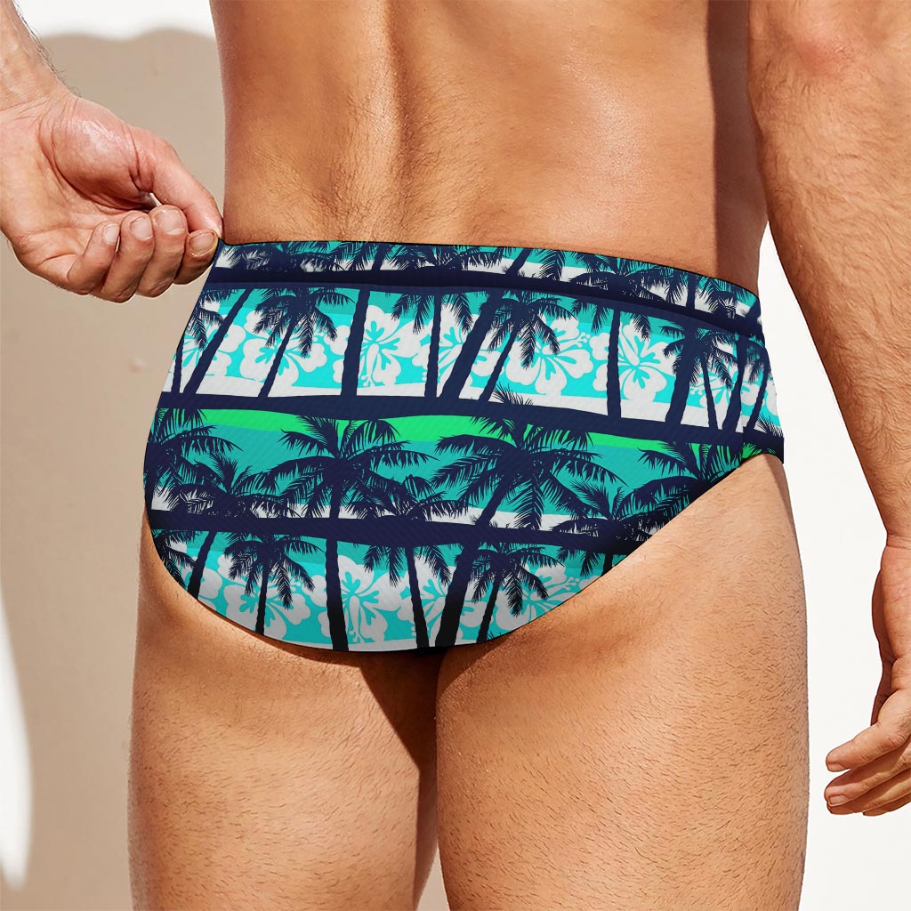 Blue Hibiscus Palm Tree Pattern Print Men's Swim Briefs