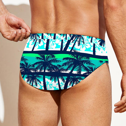 Blue Hibiscus Palm Tree Pattern Print Men's Swim Briefs