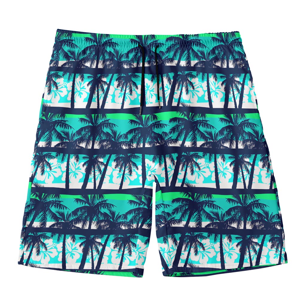 Blue Hibiscus Palm Tree Pattern Print Men's Swim Trunks