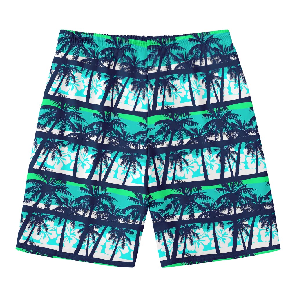 Blue Hibiscus Palm Tree Pattern Print Men's Swim Trunks
