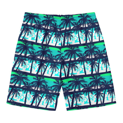 Blue Hibiscus Palm Tree Pattern Print Men's Swim Trunks
