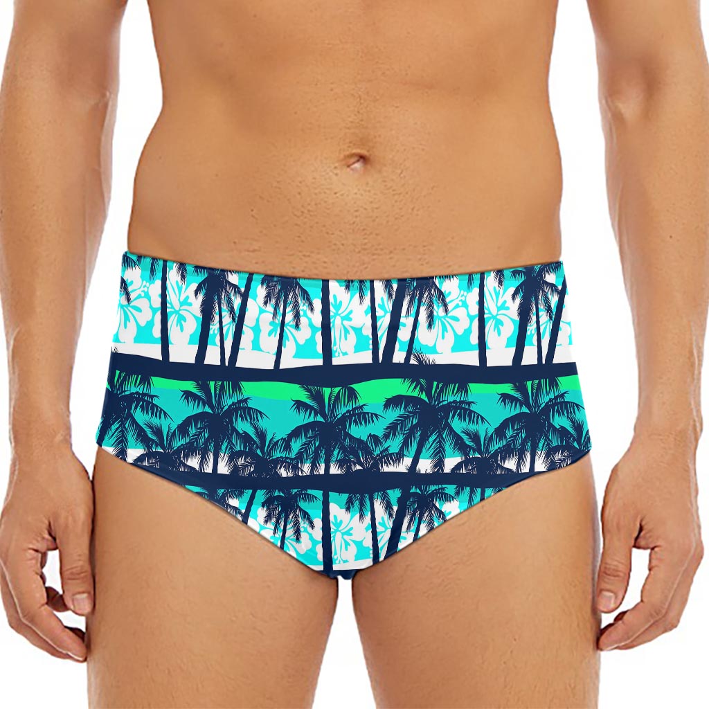 Blue Hibiscus Palm Tree Pattern Print Men's Triangle Swim Briefs