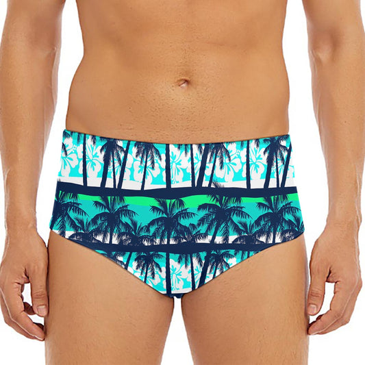 Blue Hibiscus Palm Tree Pattern Print Men's Triangle Swim Briefs