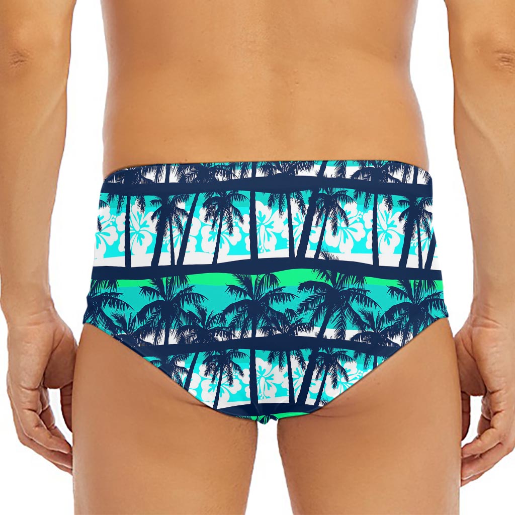Blue Hibiscus Palm Tree Pattern Print Men's Triangle Swim Briefs