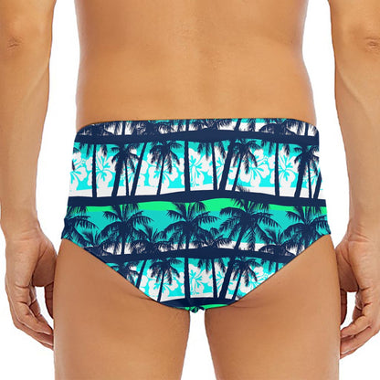 Blue Hibiscus Palm Tree Pattern Print Men's Triangle Swim Briefs