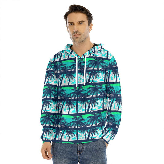 Blue Hibiscus Palm Tree Pattern Print Men's Velvet Pullover Hoodie