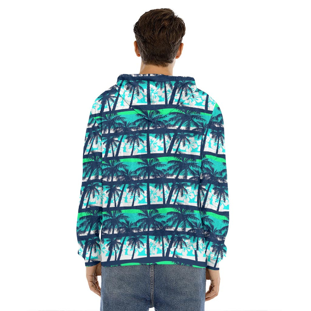 Blue Hibiscus Palm Tree Pattern Print Men's Velvet Pullover Hoodie