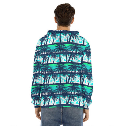 Blue Hibiscus Palm Tree Pattern Print Men's Velvet Pullover Hoodie