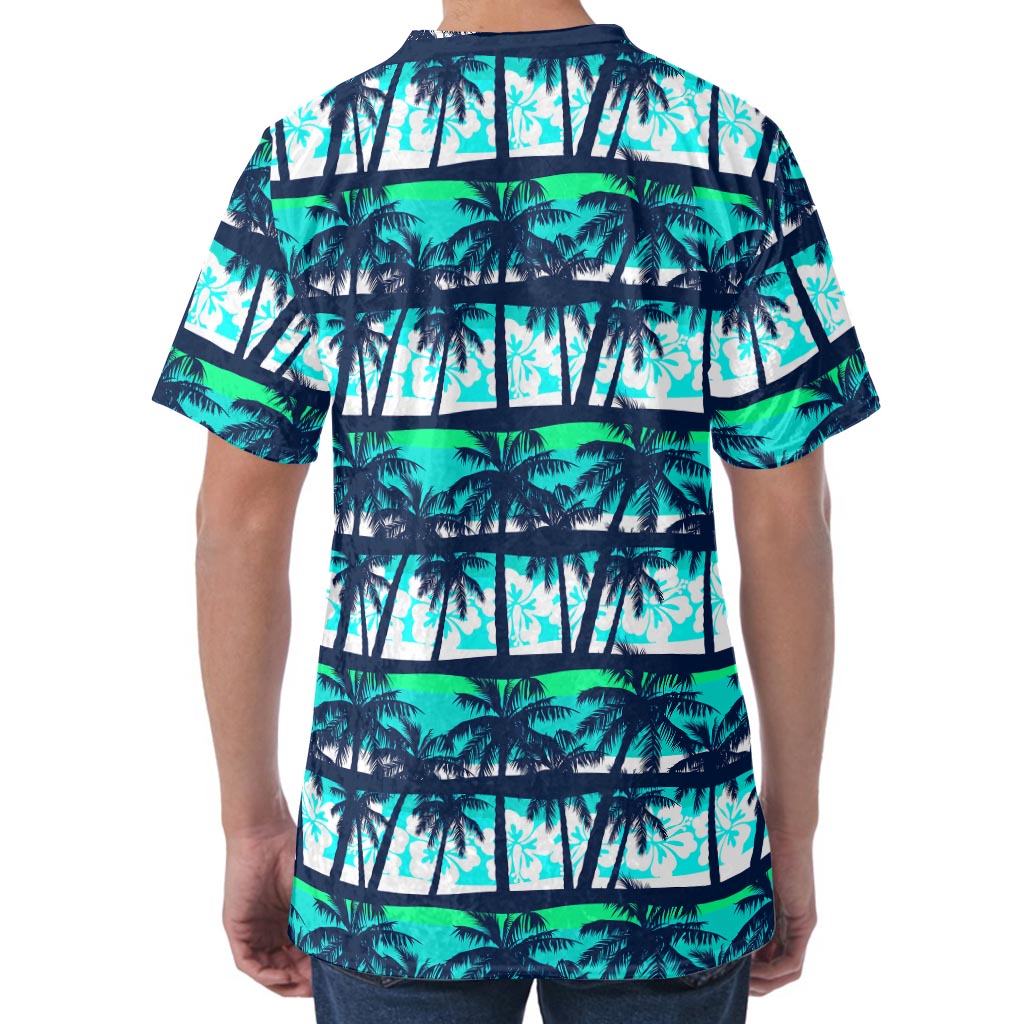 Blue Hibiscus Palm Tree Pattern Print Men's Velvet T-Shirt