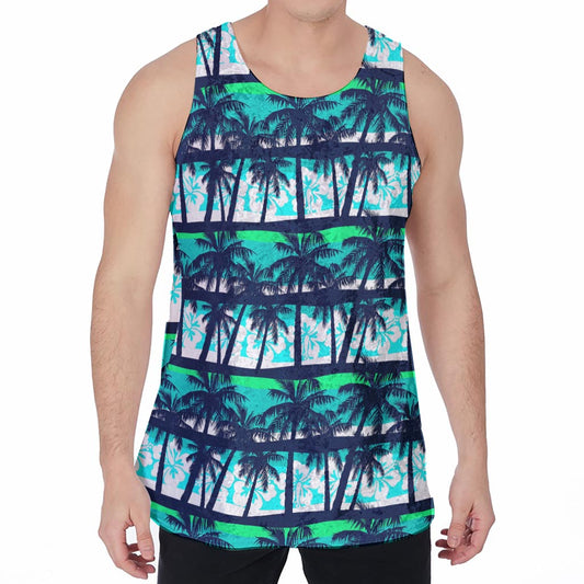Blue Hibiscus Palm Tree Pattern Print Men's Velvet Tank Top